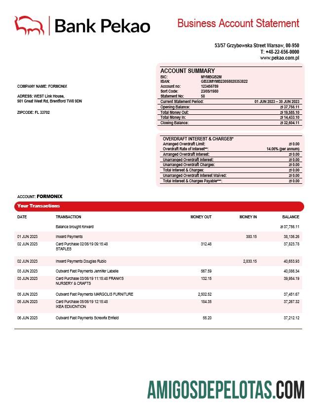 Baixável Bank Pekao S. A Company Statement Modelo Word e PDF